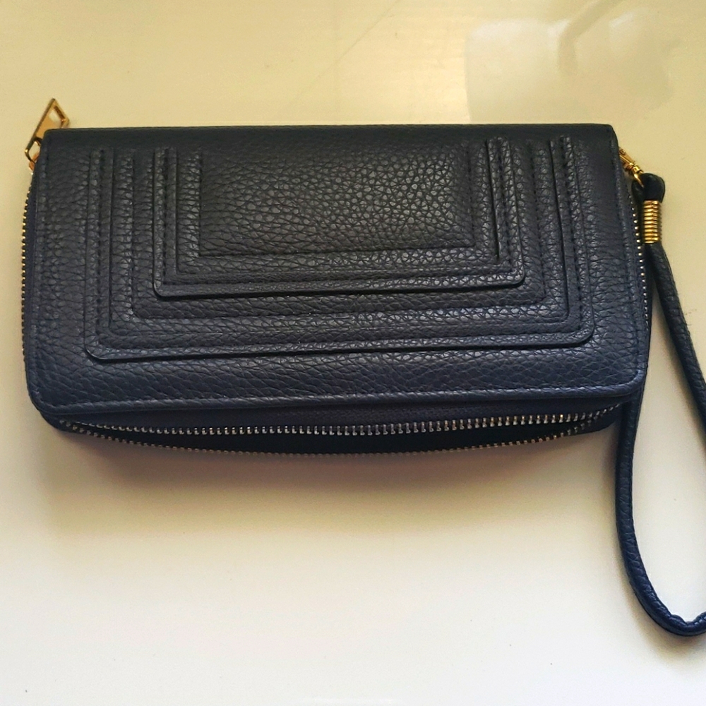 Navy Blue Zip around 12 Card Slot Wristlet Wallet